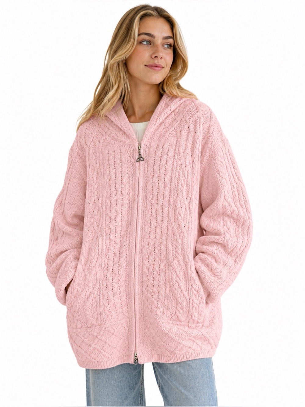 Aran Crafts 100% Wool Hooded Full Zip Fisherman Cable Knit Sweater - Baby Pink